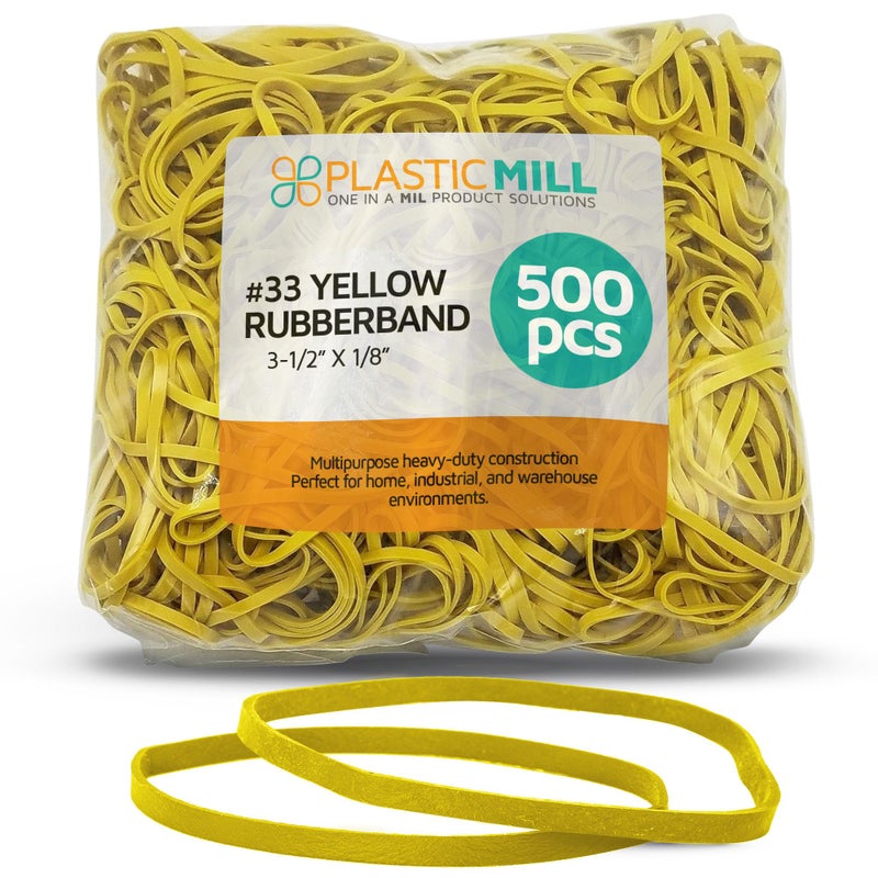 PlasticMill Yellow Rubber Bands Size 33 (3 1/2" x 1/8") - #33 Colored Rubber Bands Office Supplies - Strong, Elastic Bands for Crafts, Balloon Garland, Cash, File Folders (500-Pack) - Image 1